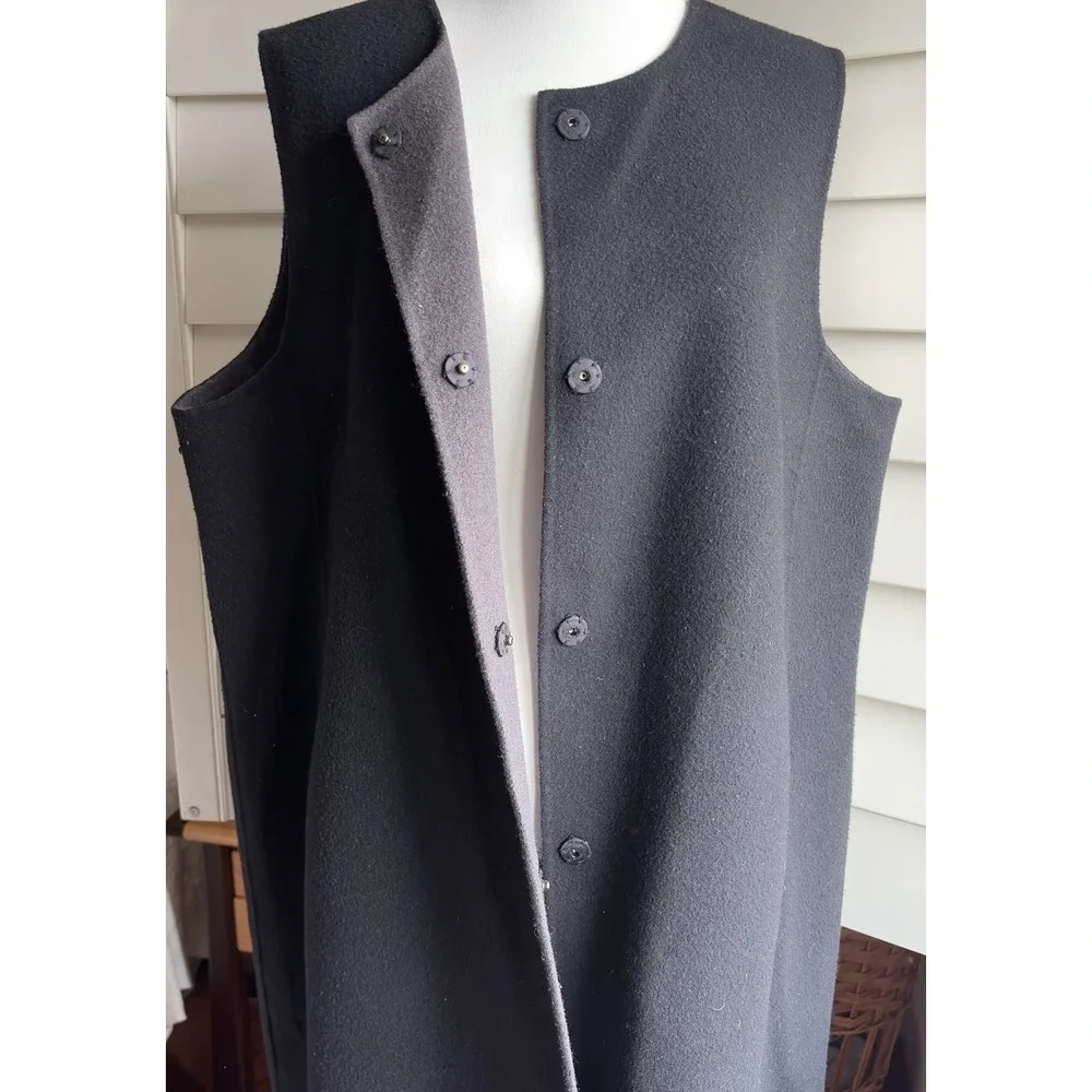 Eileen Fisher Woman 1X Black Boiled Wool Long Vest Snap Front Pockets Minimalist